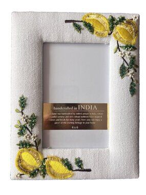 Embroidered LEMON Frame Beaded for 5" x 7" Photograph Yellow Green Handcrafted